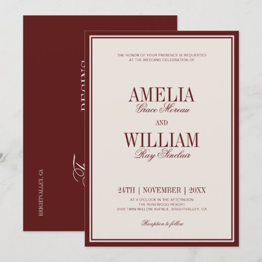 Invitation Old Money Classic Luxury Burgundy Wedding (Devant / Derrière)