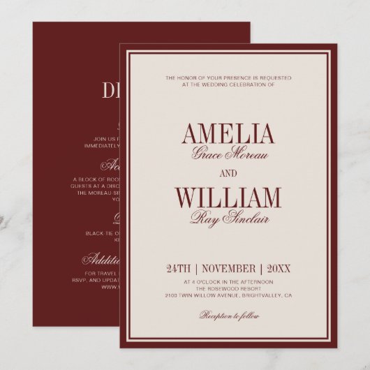Invitation Old Money Classy Timeless Burgundy Wedding (Devant / Derrière)