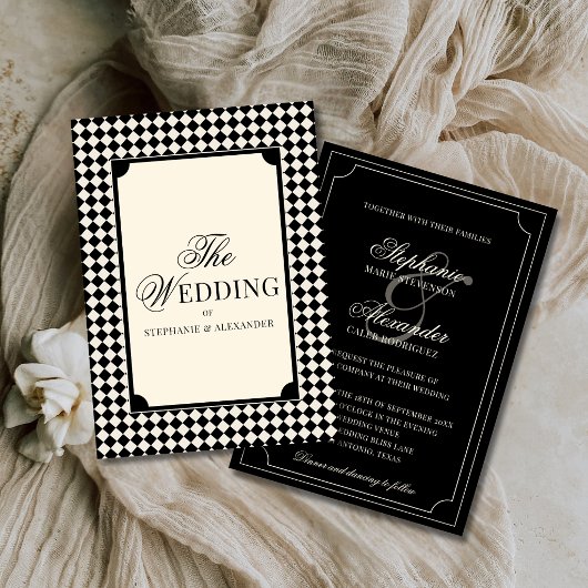 Invitation Old Money Luxury Black & Ivory Checkered Wedding