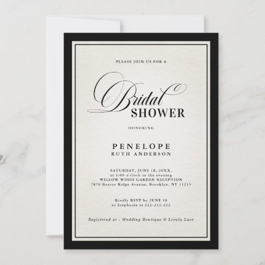 Invitation Old Money Modern Formal Black chic Bridal Shower  (Devant)