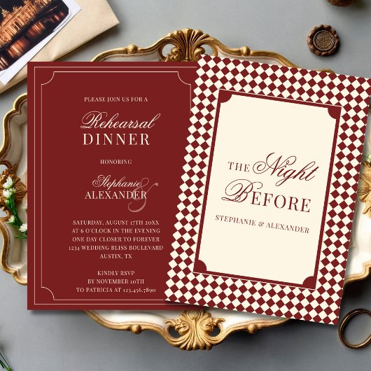 Invitation Old Money Red & Ivory Checkered Rehearsal Dinner 