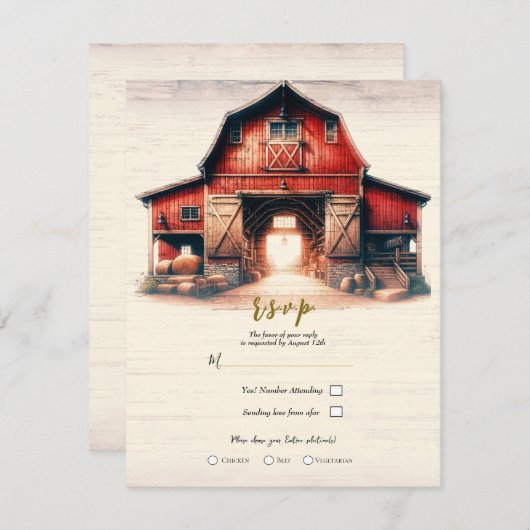 Invitation Old Red Barn Rustic Mariage campagnard R.S.V.P. (Devant / Derrière)