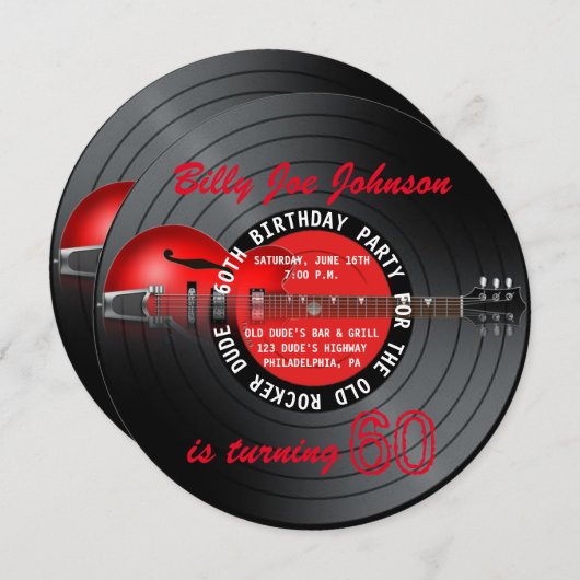 Invitation Old Rocker Dude Guitar Record 60e fête d'anniversa (Devant / Derrière)