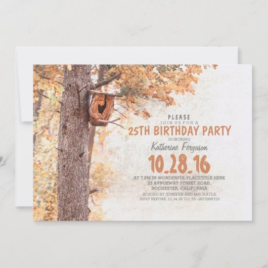 Invitation Old Tree and Bird House Rustic Fall Anniversaire P (Devant)