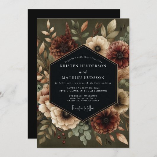 Invitation Olive Bloom Moody Wedding (Devant / Derrière)