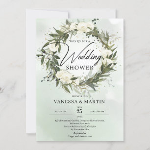Invitation Olive bohème verdure verte roses blanches fleurs
