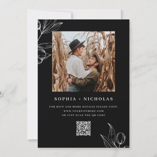Invitation Olive Botanical Black Mariage - Photo & QR Code (Dos)