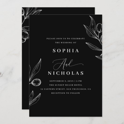 Invitation Olive Botanical Black Mariage - Photo & QR Code (Devant / Derrière)