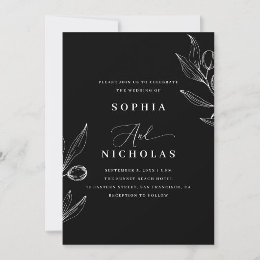 Invitation Olive Botanical Mariage Noir - Photo & Code QR (Devant)