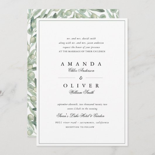Invitation Olive Branch Botanical Greenery Mariage élégant (Devant / Derrière)