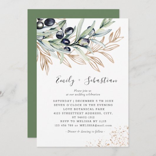 Invitation Olive Branch Green, Mariage de mariage d'or (Devant / Derrière)