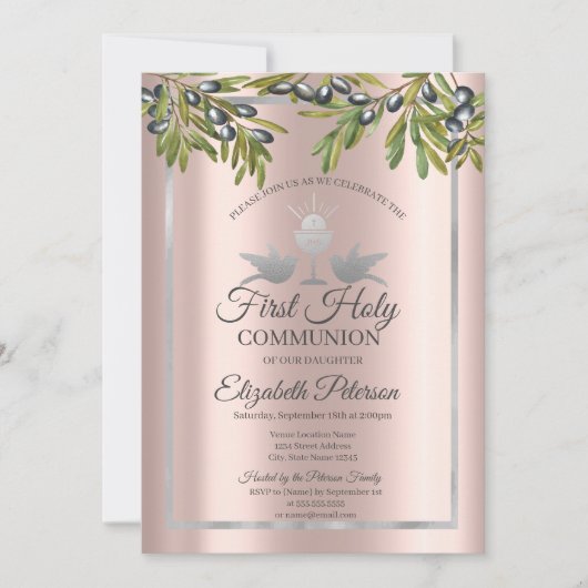 Invitation Olive Branche Rose Gold Première Communion sainte (Devant)