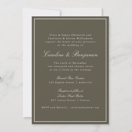 Invitation Olive Classic Border Script Elegant Wedding RSVP (Devant)