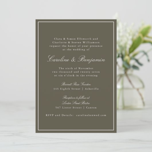 Invitation Olive Classic Border Script Elegant Wedding RSVP (Debout devant)