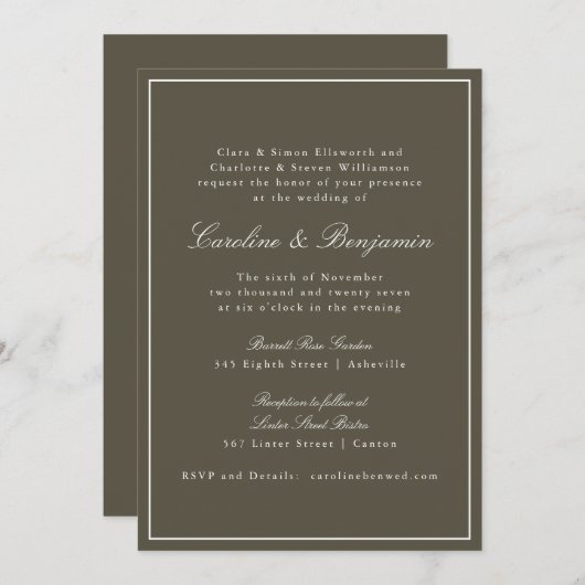 Invitation Olive Classic Border Script Elegant Wedding RSVP (Devant / Derrière)
