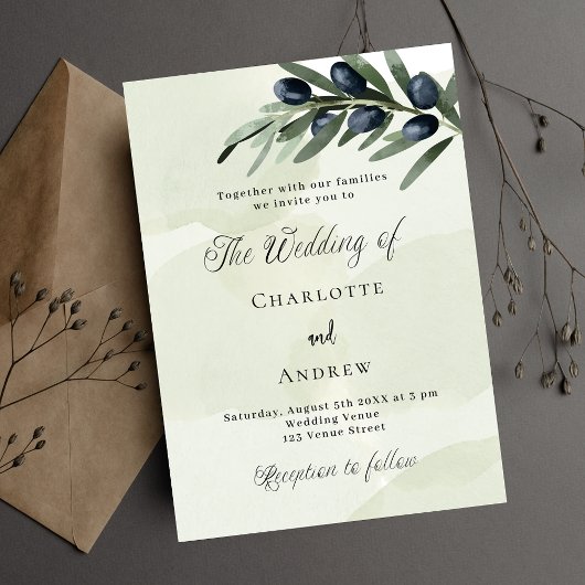 Invitation Olive feuille verdure aquarelle mariage de luxe