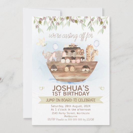 Invitation Olive Foliage Noah's Ark Boys 1er anniversaire (Devant)