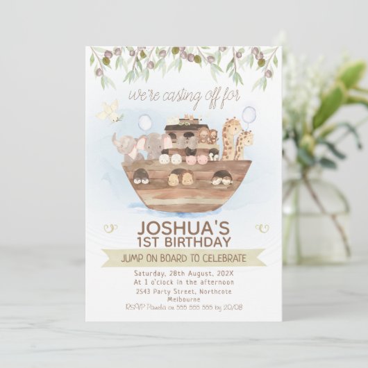 Invitation Olive Foliage Noah's Ark Boys 1er anniversaire (Debout devant)