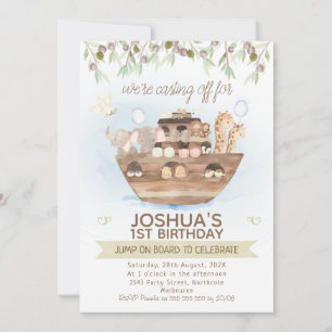 Invitation Olive Foliage Noah's Ark Boys 1er anniversaire