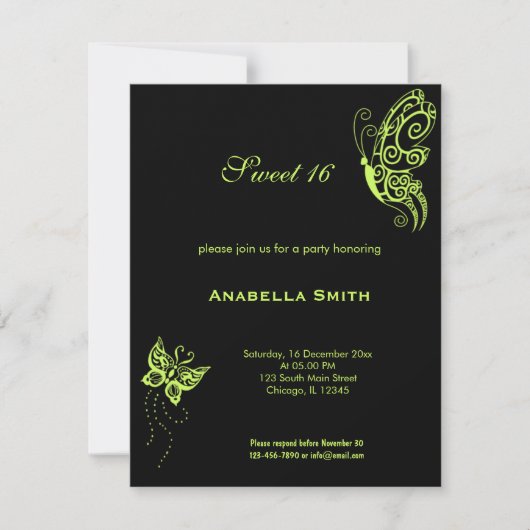 Invitation Olive foncé Vert doux 16 papillons (Devant)