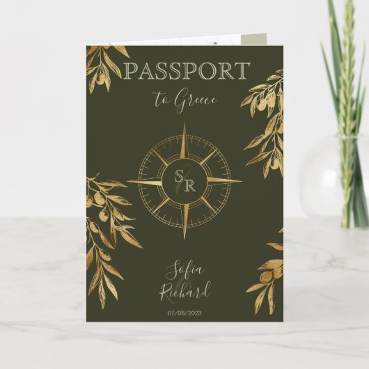 Invitation Olive Grèce Destination Mariage Passeport QR Code (Devant)