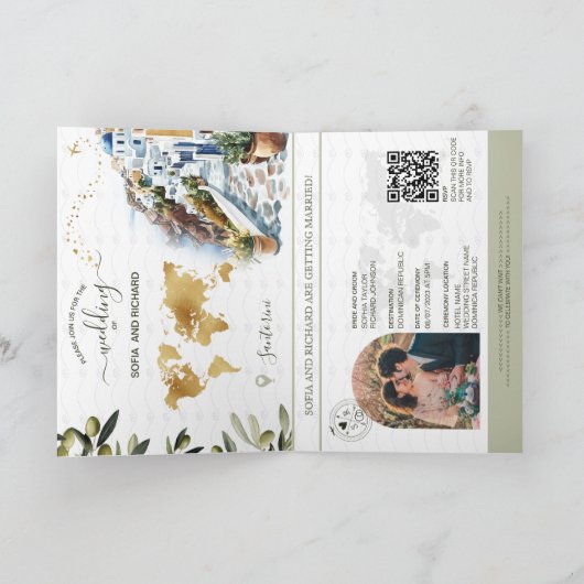 Invitation Olive Grèce Destination Mariage Passeport QR Code (Intérieur)