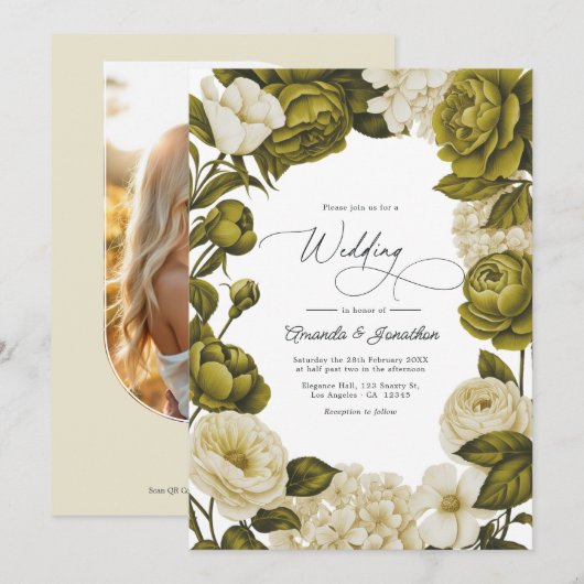 Invitation Olive Green and Cream Watercolor Floral Wedding (Devant / Derrière)