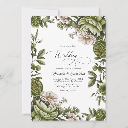 Invitation Olive Green and Neutral Floral Wedding QR Code (Devant)