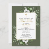 Invitation Olive Green Boho Floral First Holy Communion (Devant)