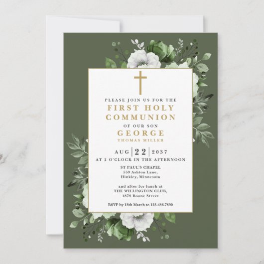 Invitation Olive Green Boho Floral First Holy Communion (Devant)