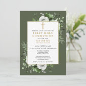 Invitation Olive Green Boho Floral First Holy Communion (Debout devant)