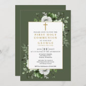 Invitation Olive Green Boho Floral First Holy Communion (Devant / Derrière)