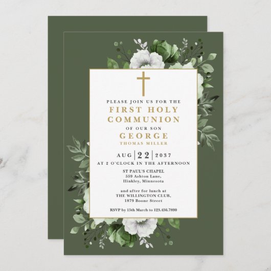 Invitation Olive Green Boho Floral First Holy Communion (Devant / Derrière)