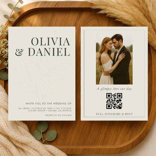 Invitation Olive Green Botanical Photo QR Code Wedding