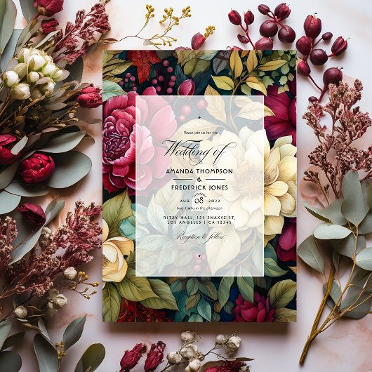 Invitation Olive Green, Bourgogne et Mariage Floral Or