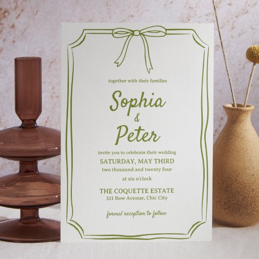 Invitation Olive Green Chic Bow titré à la main Mariage intem