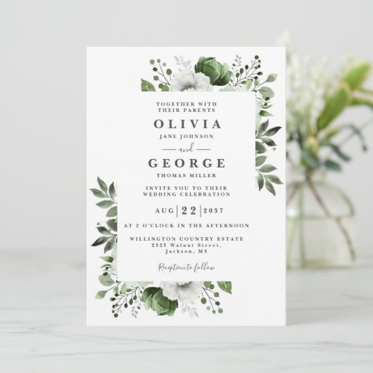 Invitation Olive Green Elegant Botanique Floral Mariage Photo (Debout devant)