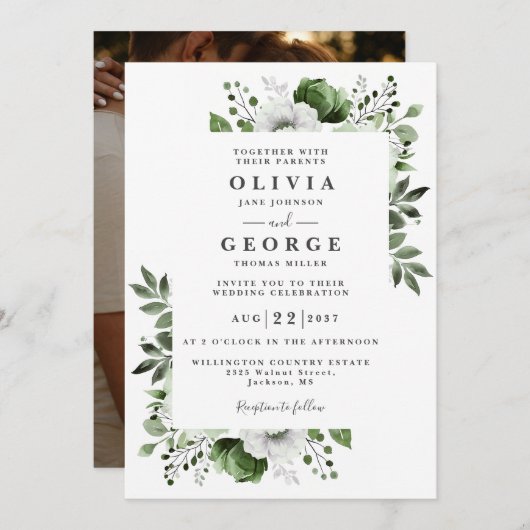 Invitation Olive Green Elegant Botanique Floral Mariage Photo (Devant / Derrière)