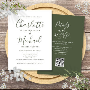 Invitation Olive Green Elegant Script QR Code Mariage