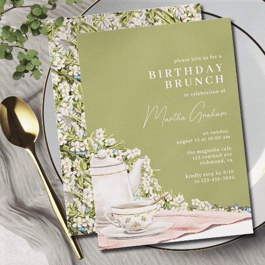 Invitation Olive Green | Elégant thé Vintage Anniversaire Bru