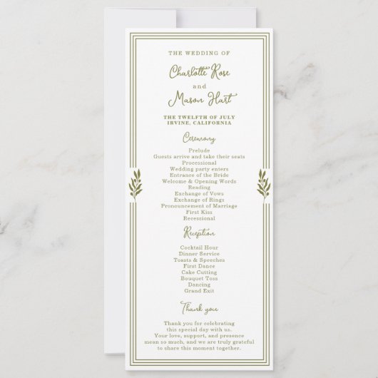 Invitation Olive Green Elegant Wedding Program Card (Devant)
