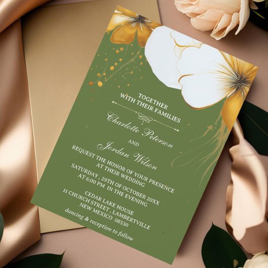 Invitation Olive Green et Gold Floral Mariage