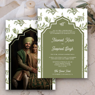 Invitation Olive Green Feuilles Photo Anand Karaj Sikh Mariag