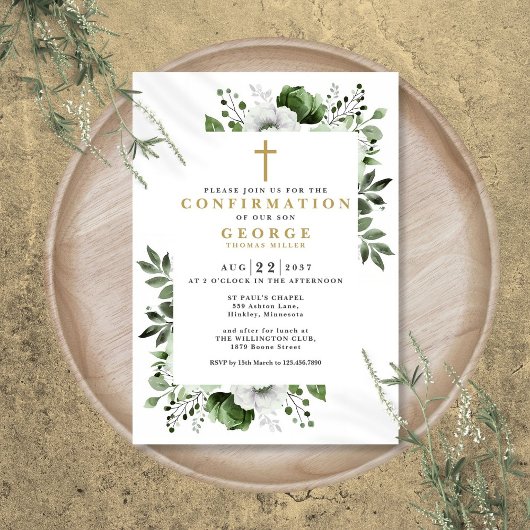 Invitation Olive Green Floral Botanique Moderne Confirmation