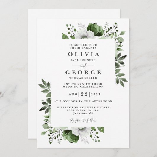 Invitation Olive Green Floral Botanique Moderne Mariage (Devant / Derrière)