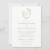 Invitation Olive Green Floral Line Art Monogram Crest Wedding (Devant)