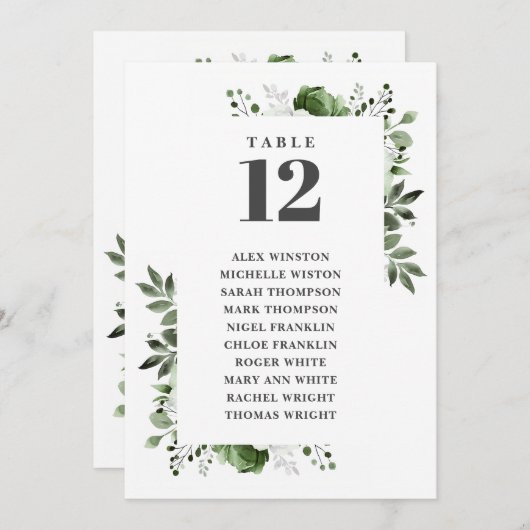 Invitation Olive Green Floral Tableau Numéro de siège Tableau (Devant / Derrière)