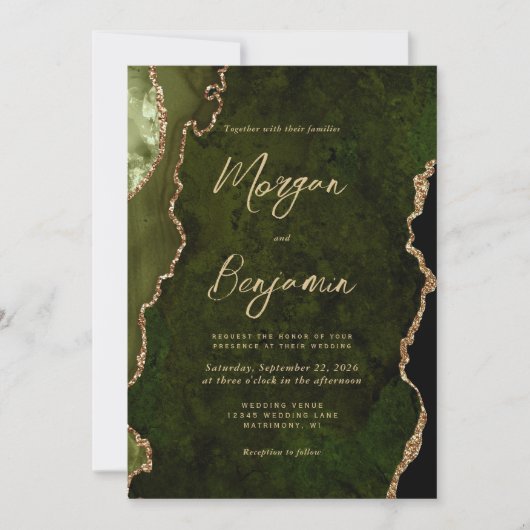 Invitation Olive Green Gold Agate Script QR Code Mariage (Devant)