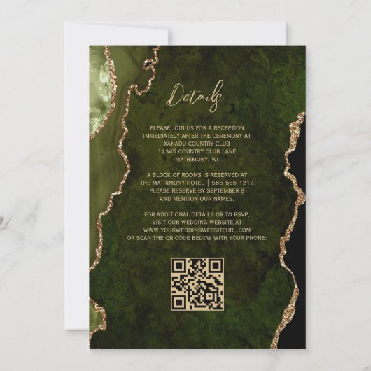 Invitation Olive Green Gold Agate Script QR Code Mariage (Dos)