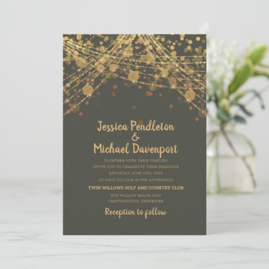Invitation Olive Green Gold Parties scintillant String Mariag (Debout devant)